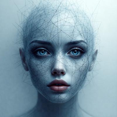 The primary subject of the image is a woman with blue eyes, a blue nose, and a blue mouth. She has a blue head and is wearing a blue dress. The setting is a blue background, and the visual style is digital art. The colors and mood of the image are predominantly blue, creating a calm and serene atmosphere.
